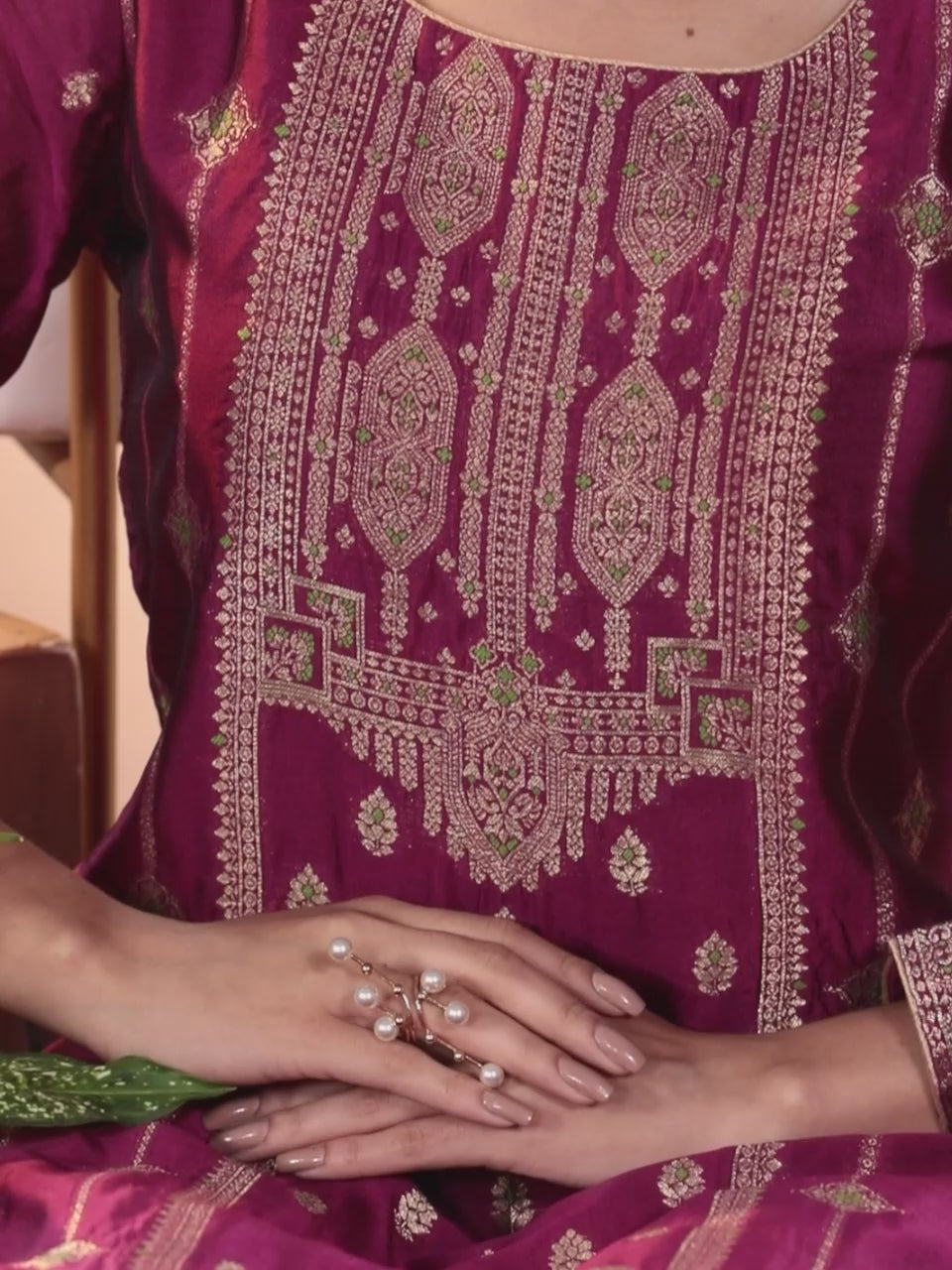  Purple Woven Design Silk Blend Straight Kurta With Trousers & Dupatta 