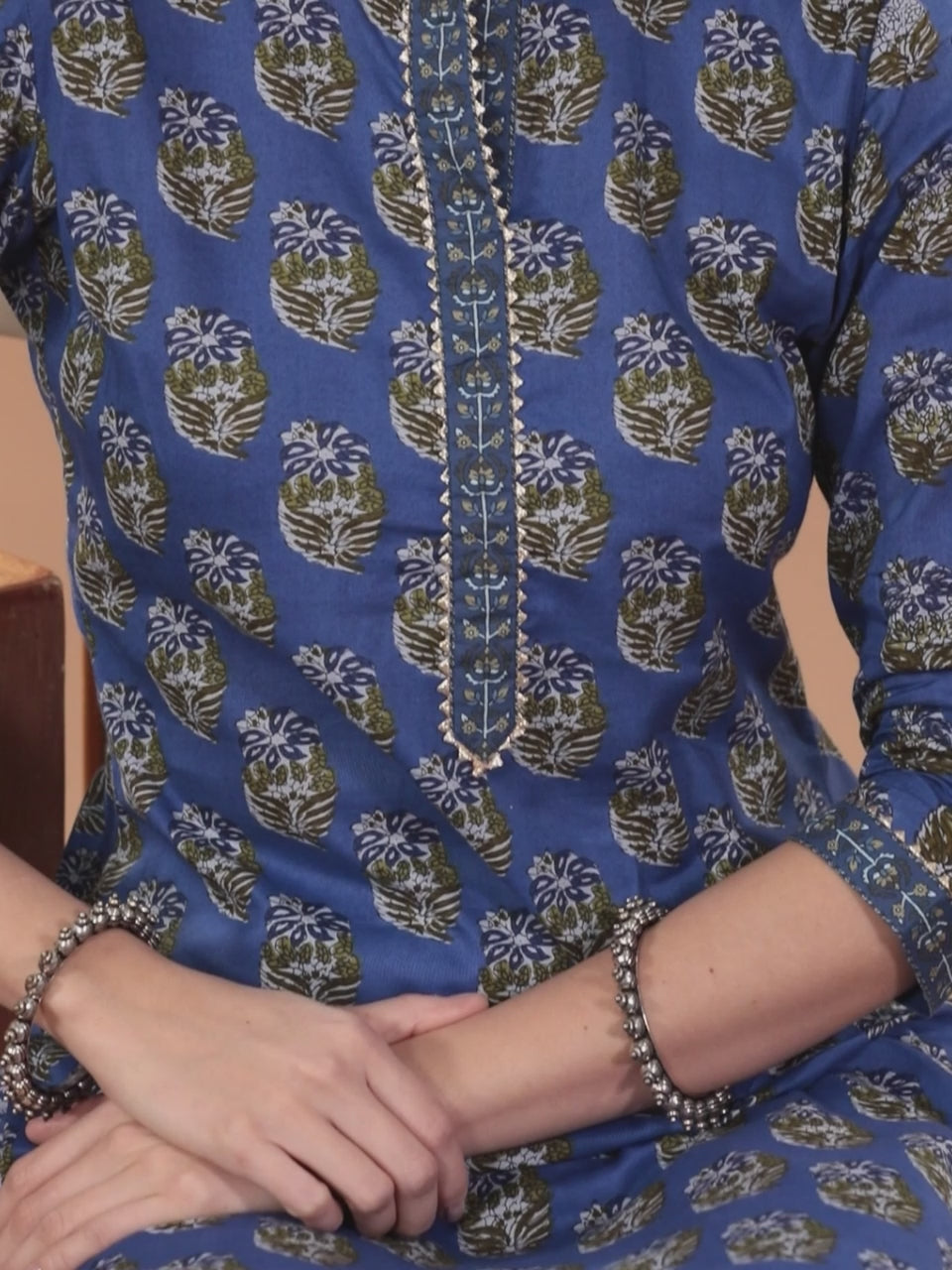  Blue Printed Cotton Straight Kurta With Trousers & Dupatta 