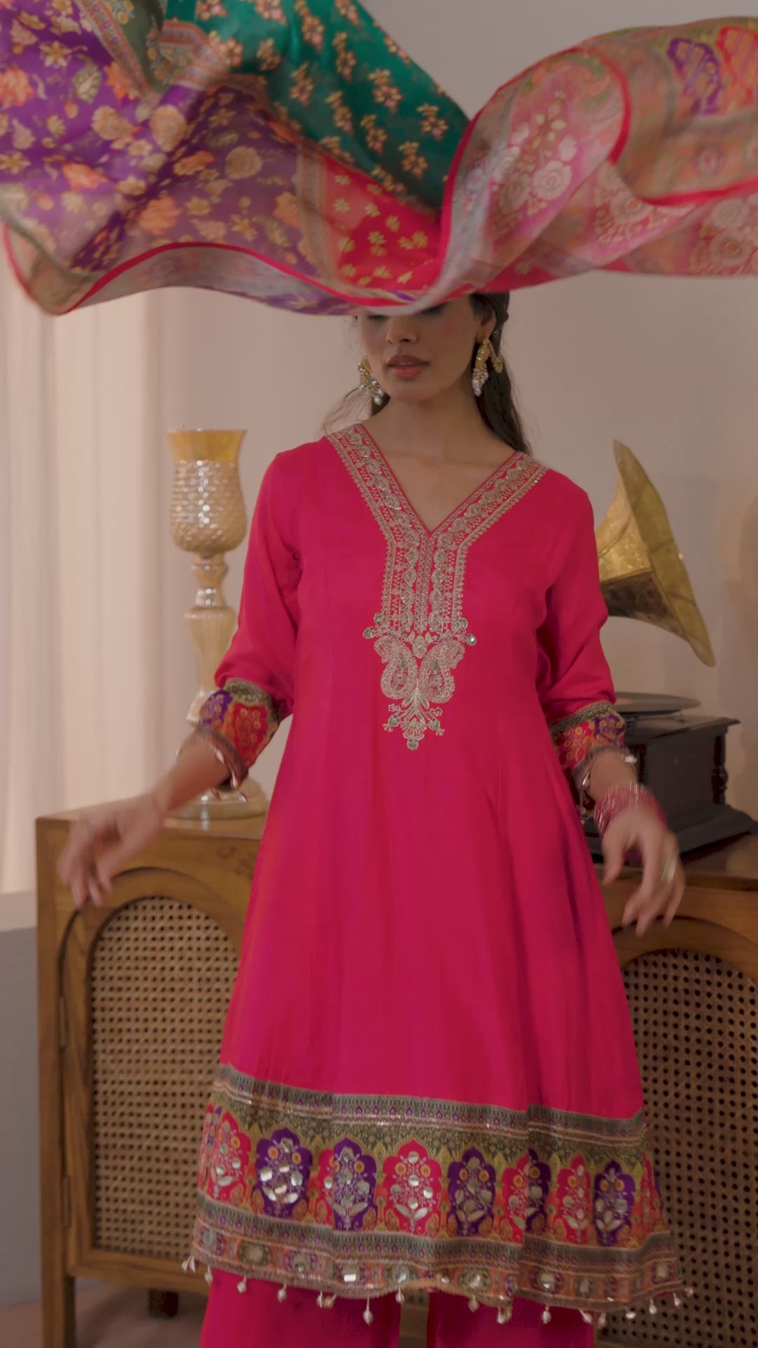  Pink Printed Silk Blend A-Line Suit Set With Dupatta 