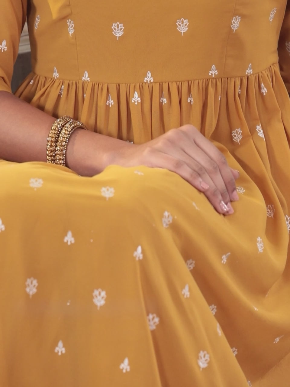  Mustard Printed Georgette A-Line Kurta With Palazzos & Dupatta 