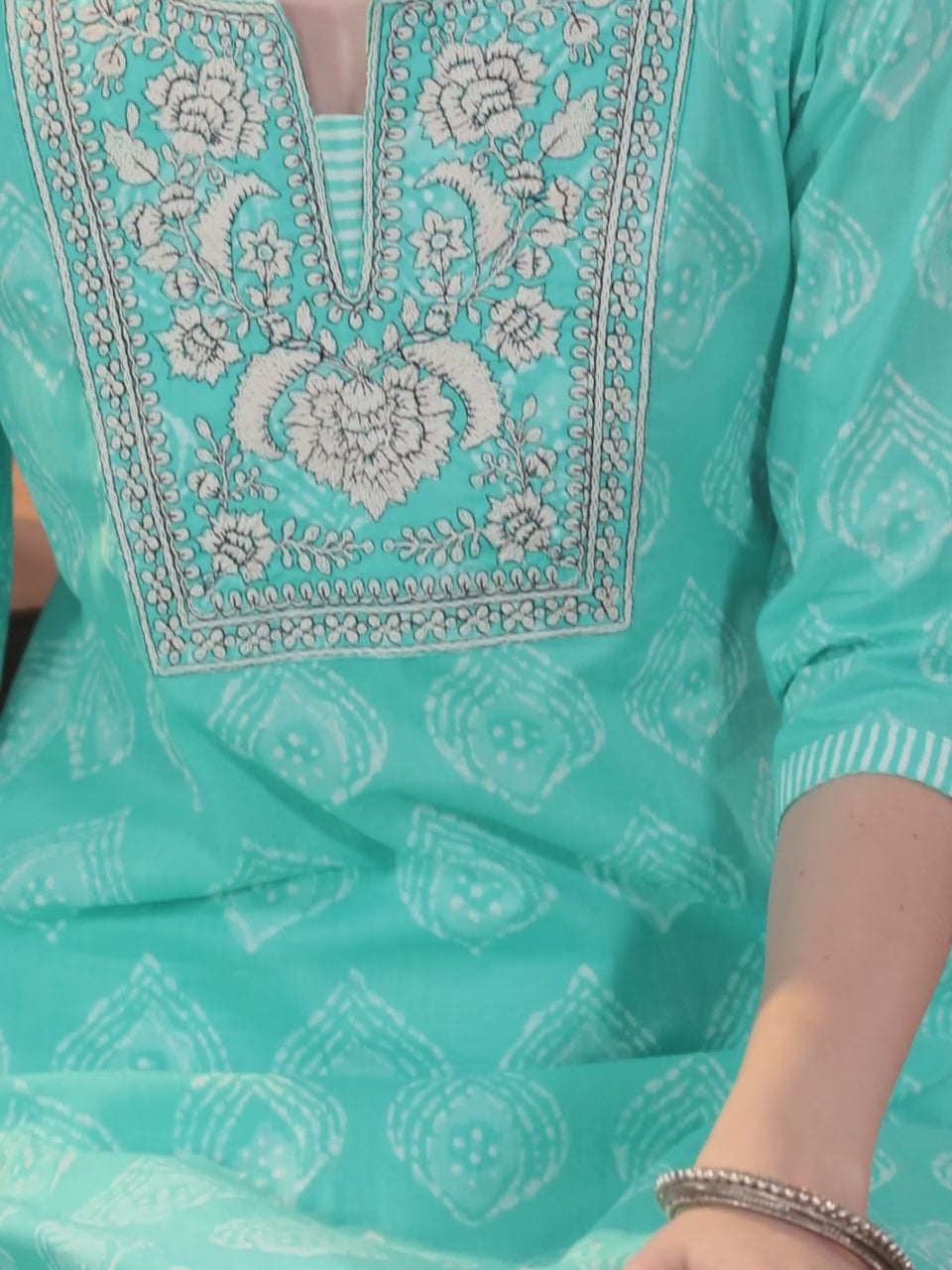  Blue Yoke Design Cotton Straight Kurta With Trousers & Dupatta 