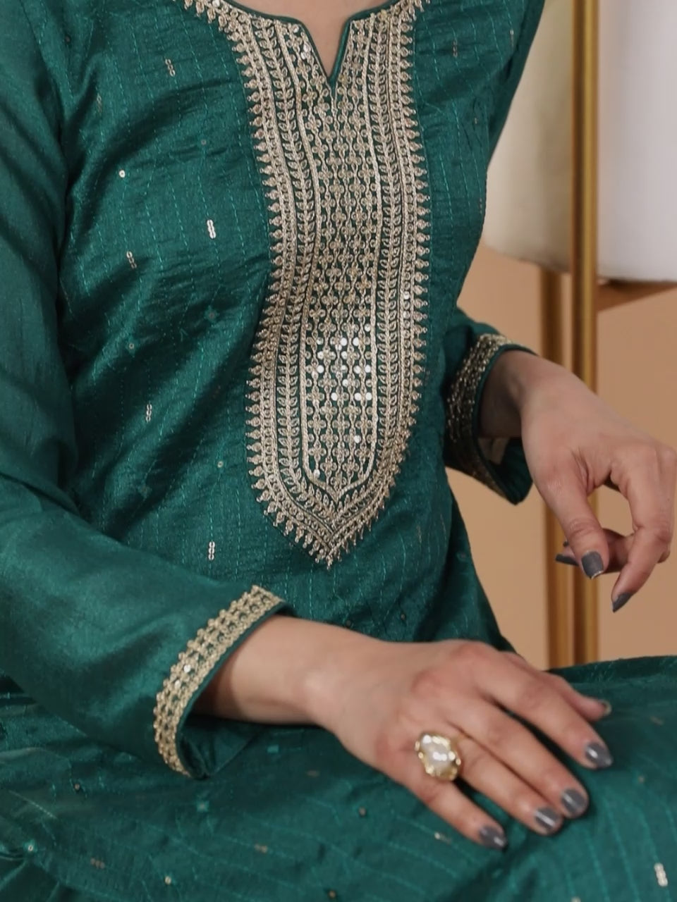 Teal Embroidered Silk Blend Straight Kurta With Trousers & Dupatta