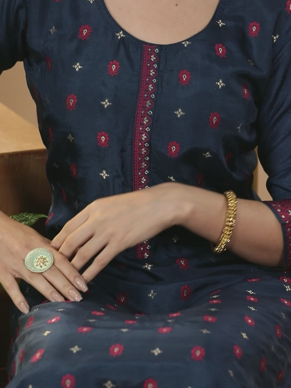  Navy Blue Self Design Silk Blend Straight Kurta With Trousers & Dupatta 