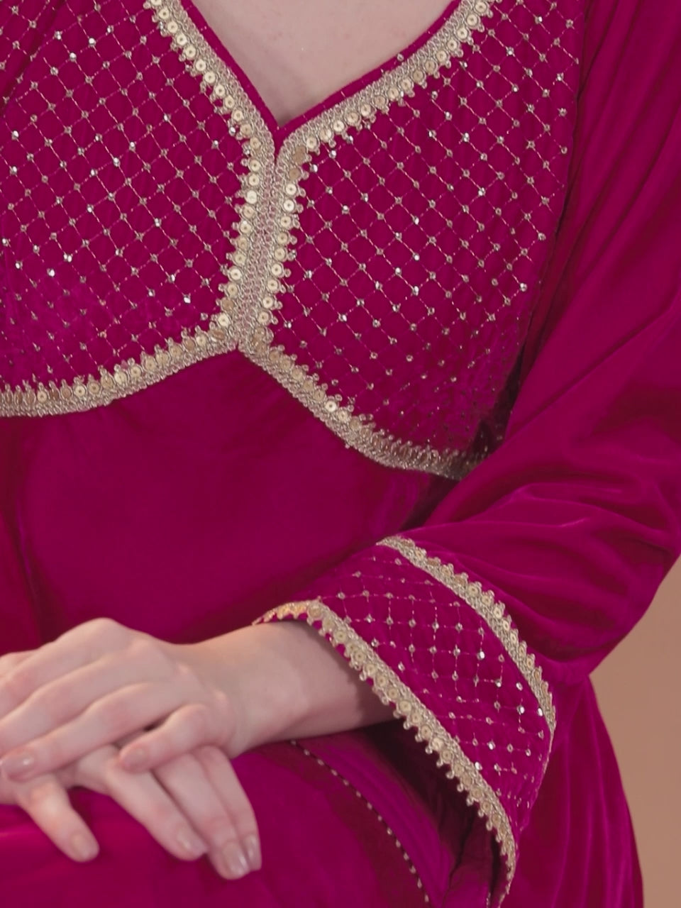 Pink Embroidered Velvet Anarkali Suit With Dupatta