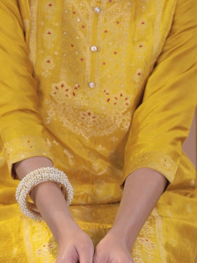 Yellow Woven Design Silk Blend Straight Suit With Dupatta