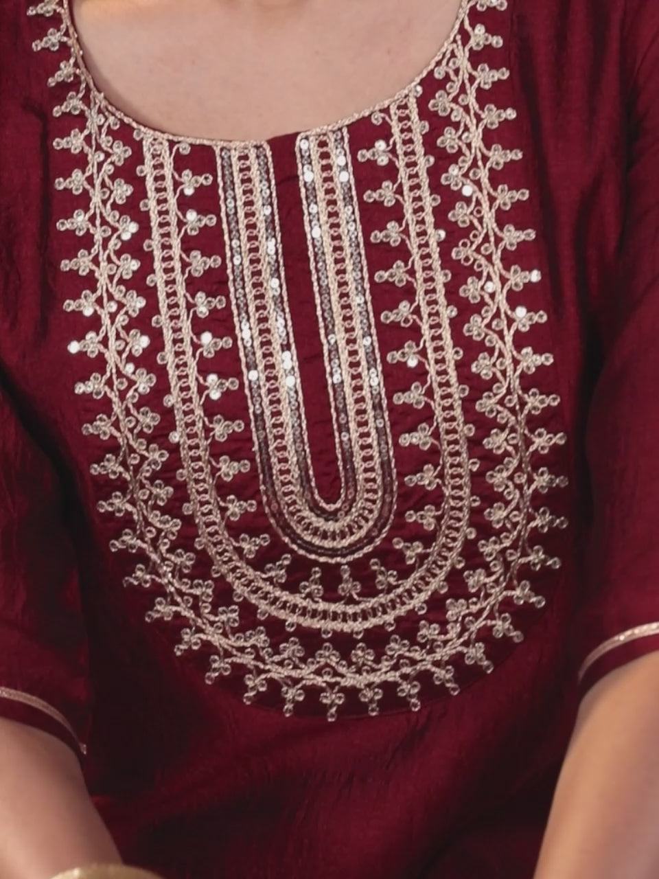 Maroon Yoke Design Silk Blend Straight Kurta With Trousers & Dupatta 