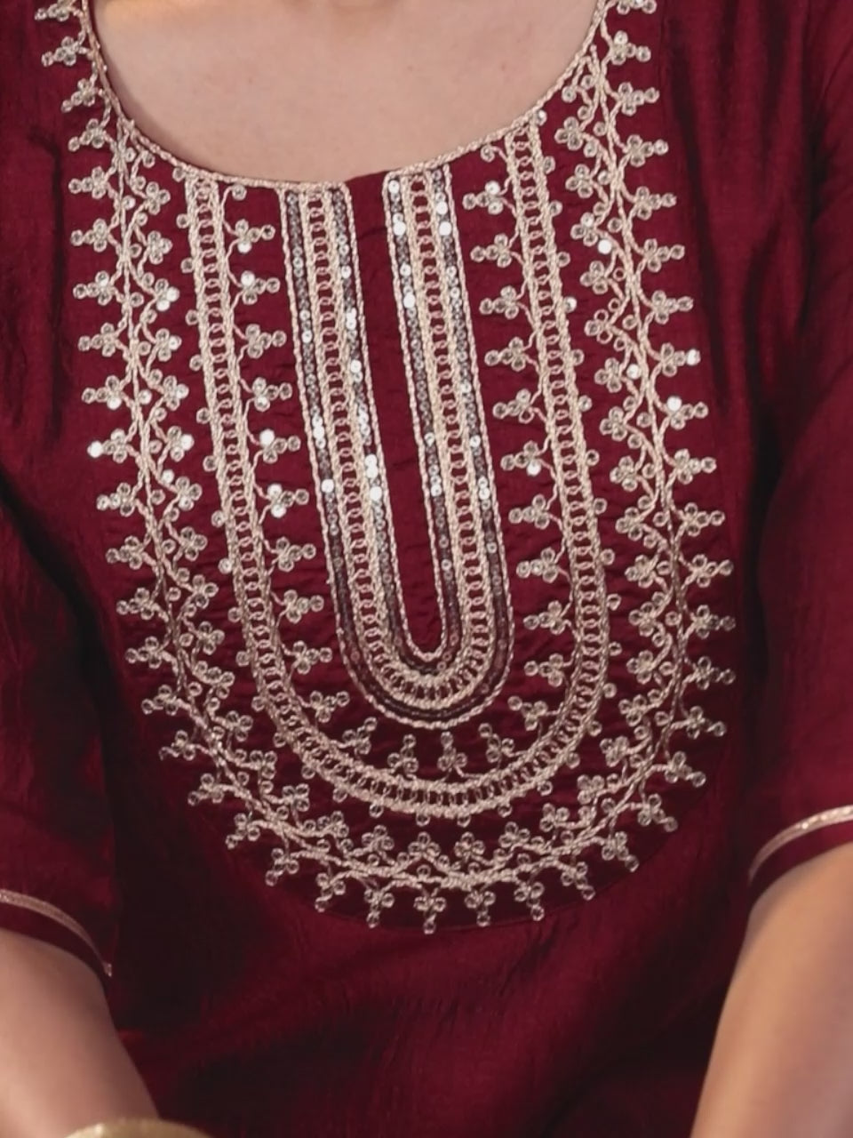 Maroon Yoke Design Silk Blend Straight Kurta With Trousers & Dupatta