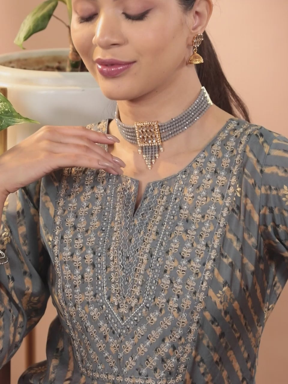  Grey Yoke Design Silk Blend Straight Kurta With Trousers & Dupatta 