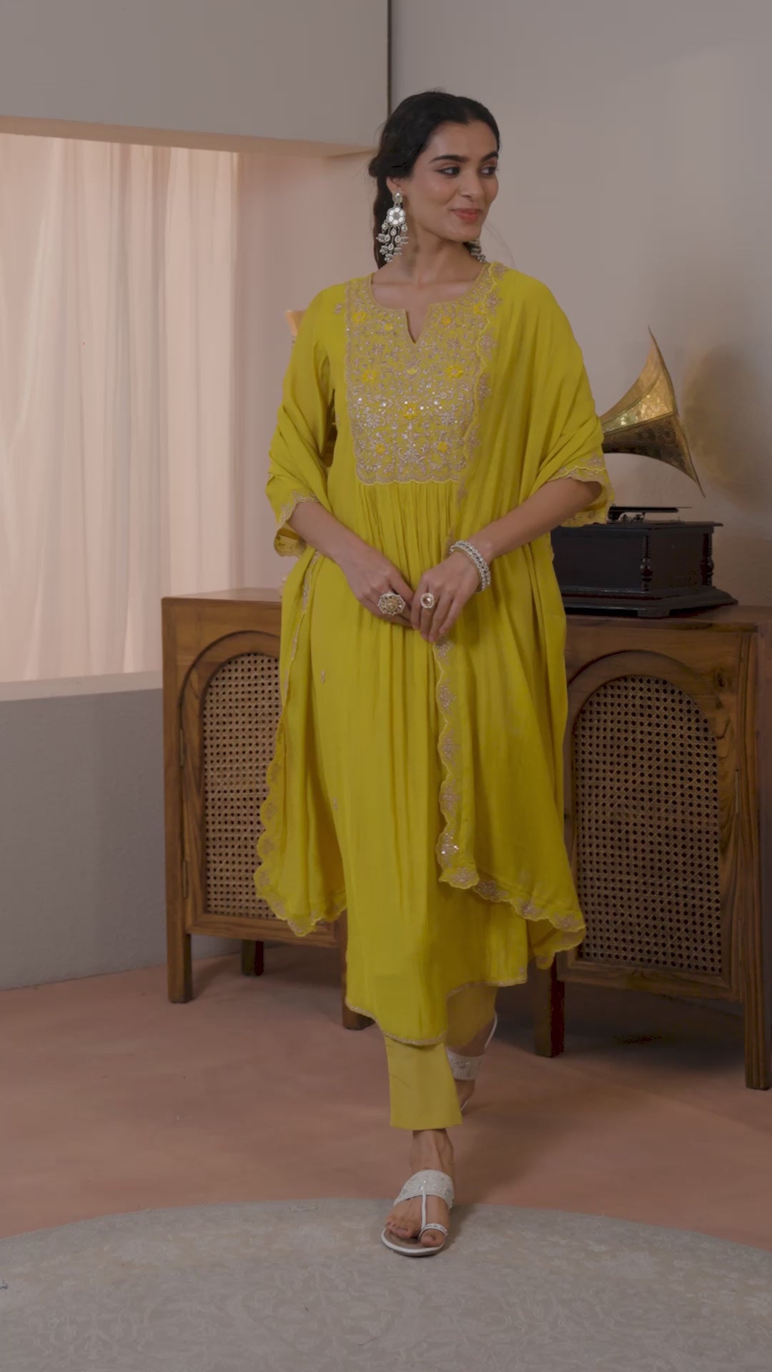  Yellow Embroidered Chanderi Cotton A-line Suit Set 