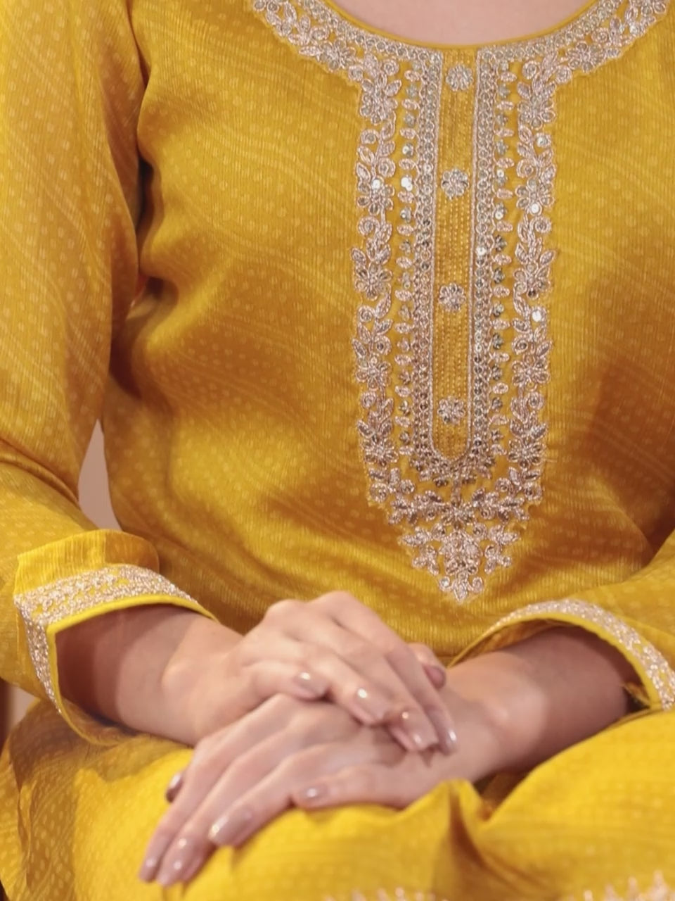  Yellow Printed Chiffon Straight Kurta With Trousers & Dupatta 