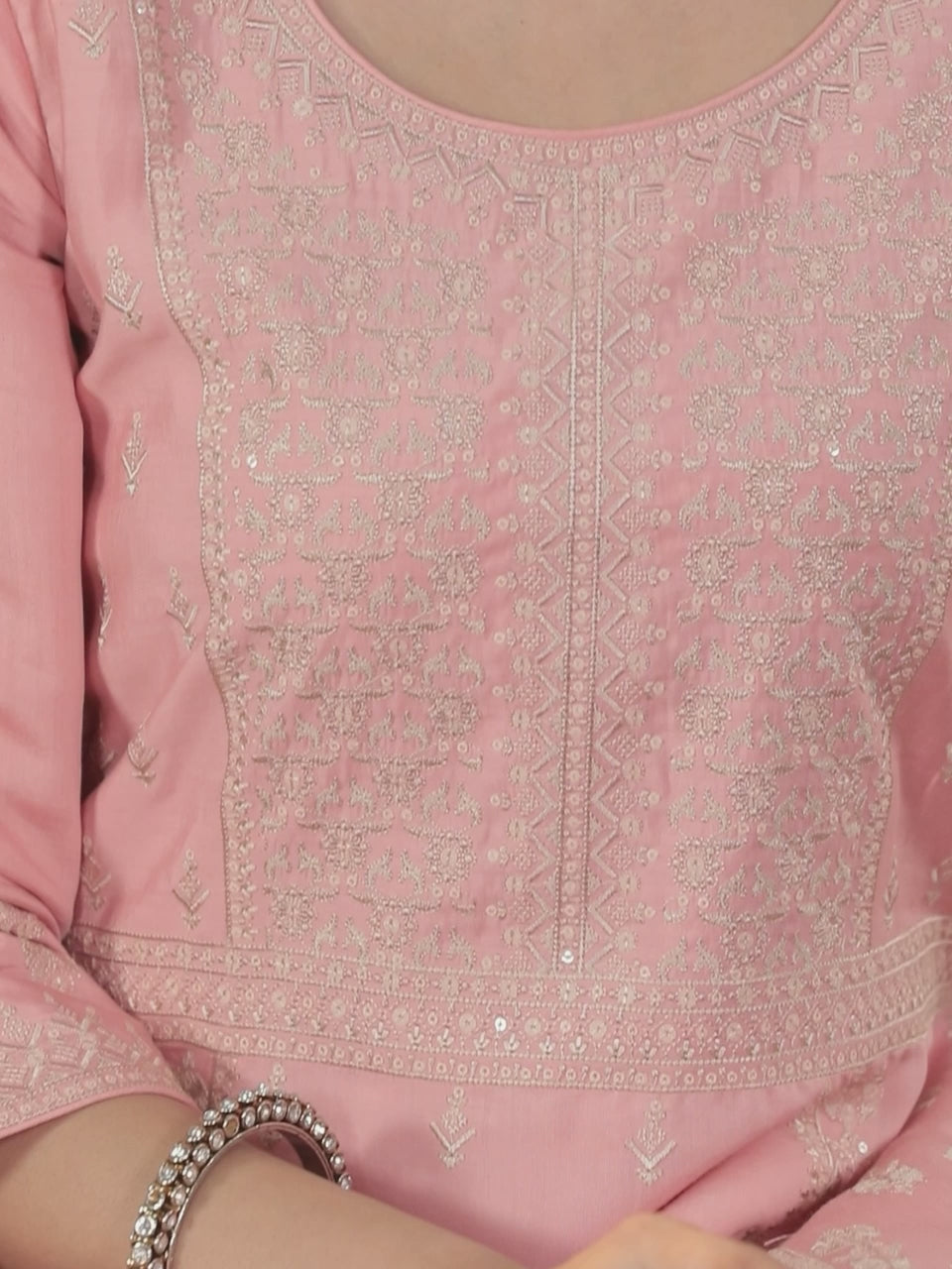  Libas Art Pink Embroidered Silk Blend A-Line Kurta With Trousers & Dupatta 