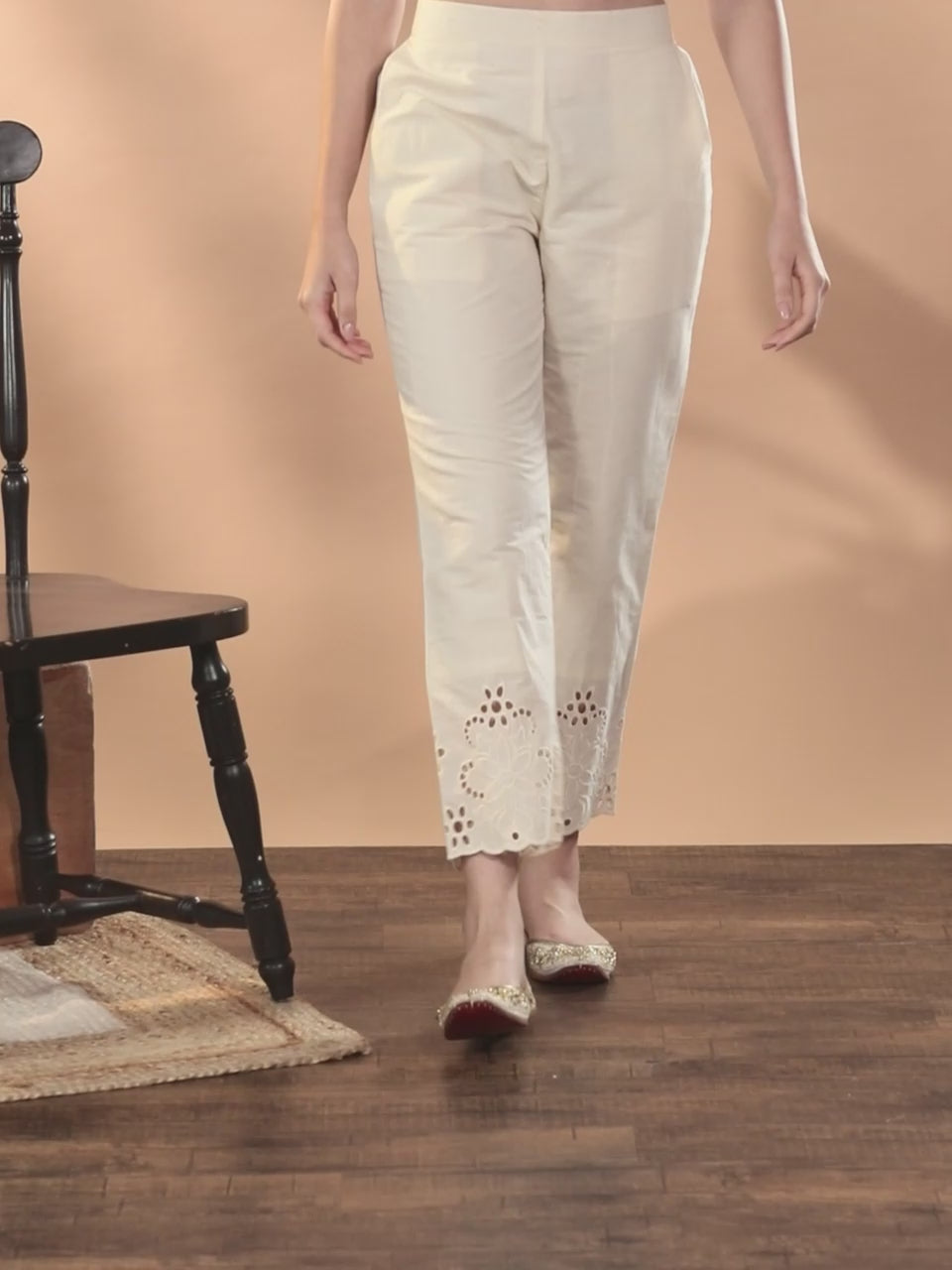  Off White Schiffli Cotton Trousers 