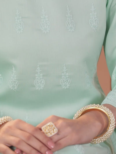 Sea Green Embroidered Chanderi Silk Straight Kurta With Trousers & Dupatta