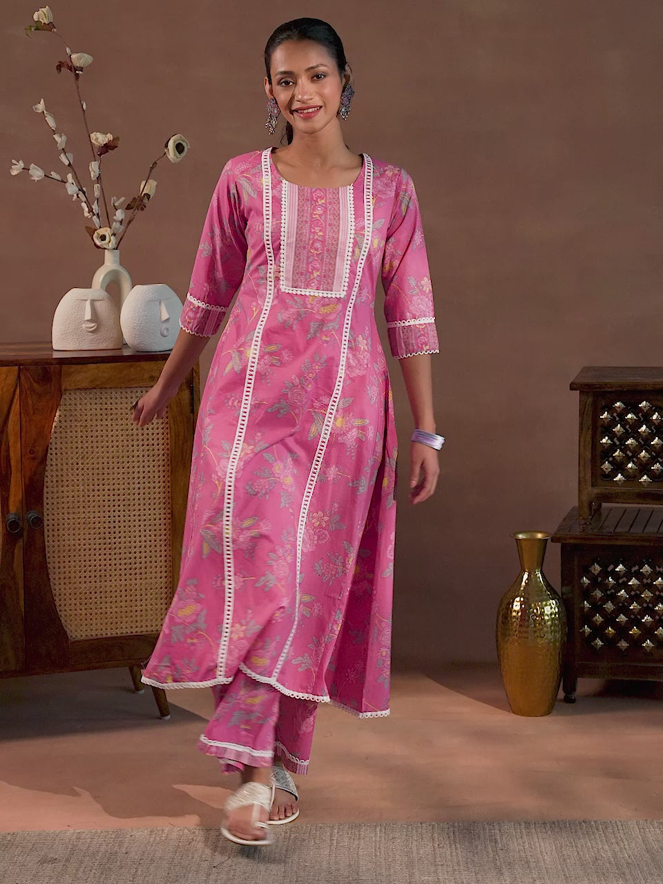  Rukhsaar Pink Printed Cotton A-Line Kurta With Palazzos 