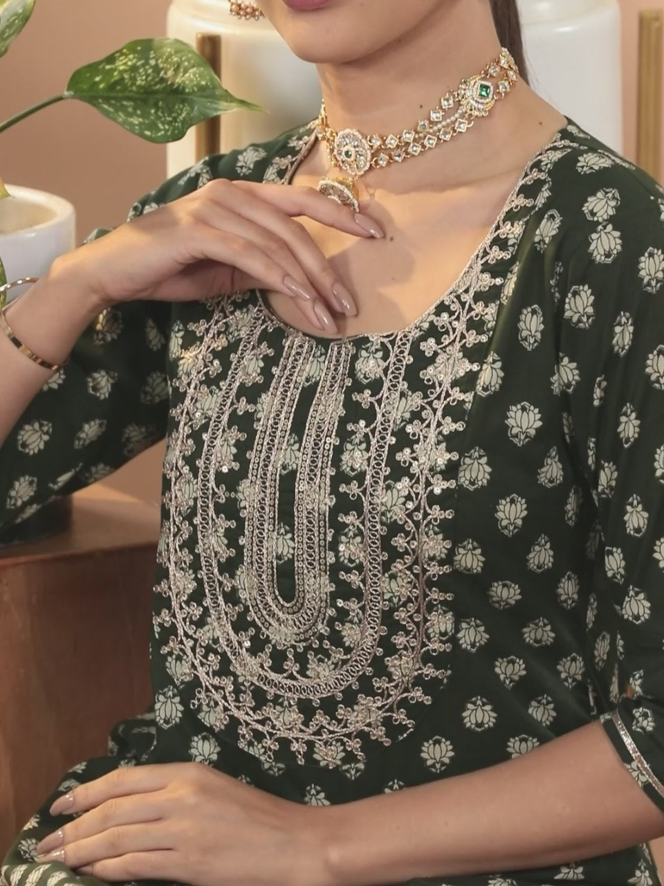 Green Yoke Design Cotton Straight Sharara Suit Set With Dupatta 