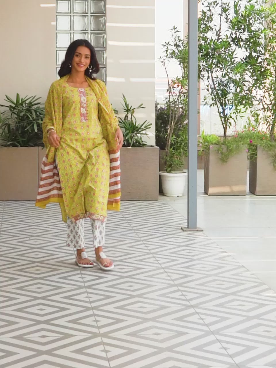  Yellow Printed Cotton Straight Suit With Dupatta 