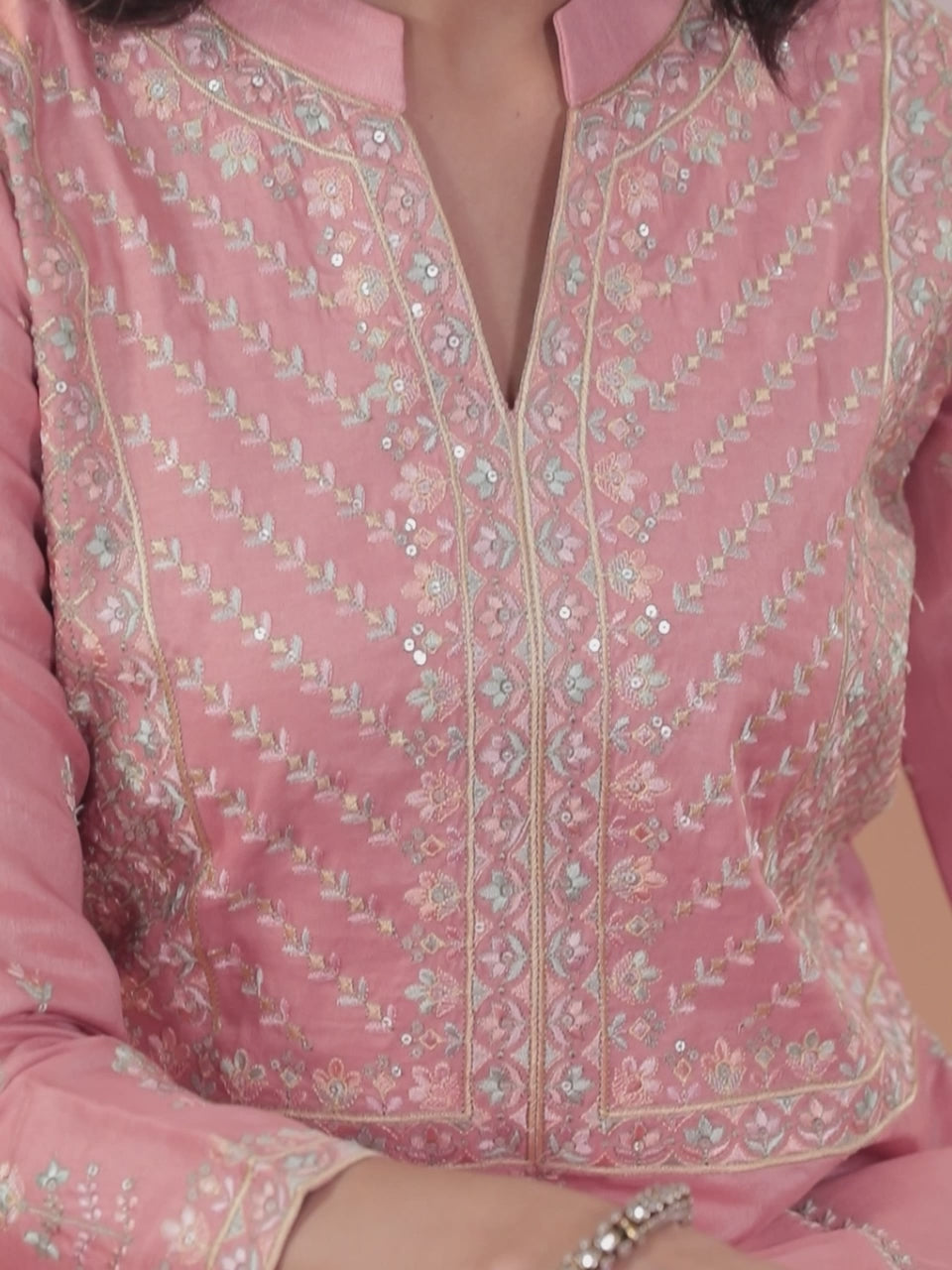  Libas Art Peach Embroidered Silk Blend A-Line Kurta With Trousers & Dupatta 