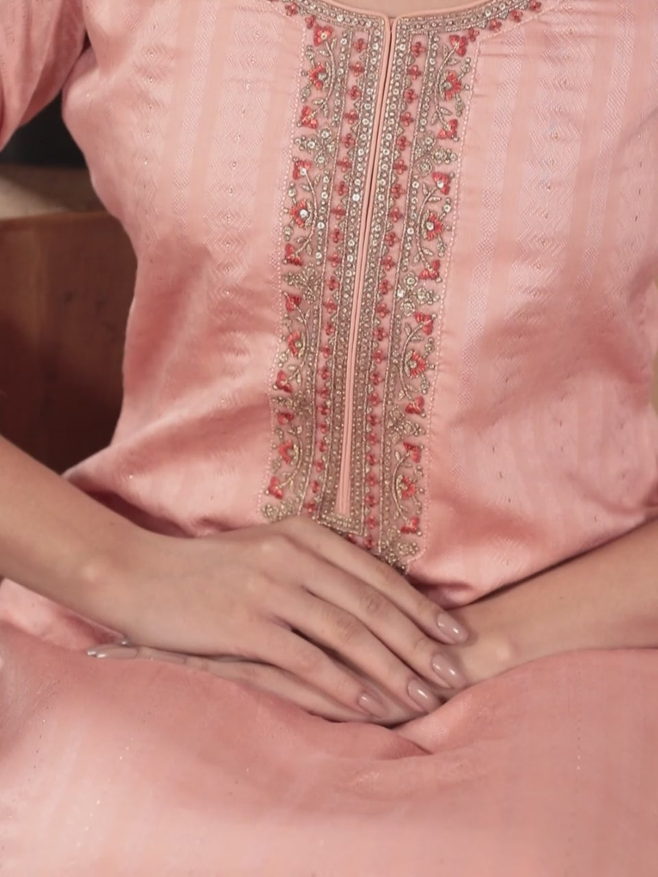  Peach Self Design Rayon Straight Kurta With Trousers & Dupatta 