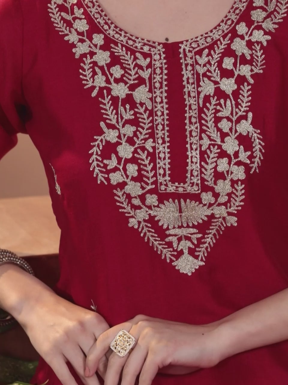  Pink Embroidered Silk Blend Straight Kurta With Trousers & Dupatta 