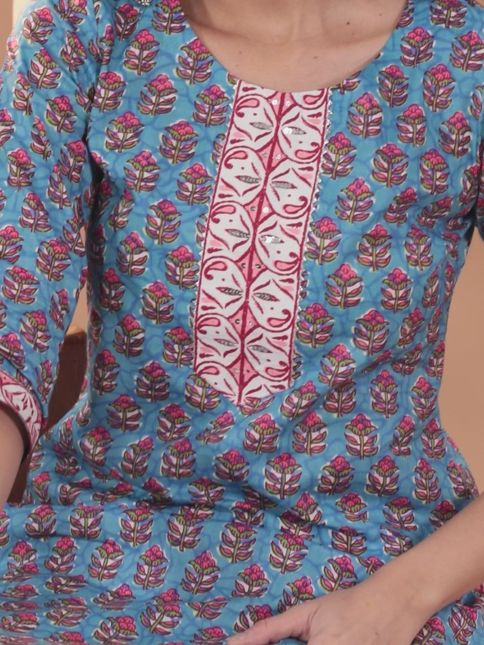  Blue Printed Cotton Straight Kurta With Trousers & Dupatta 