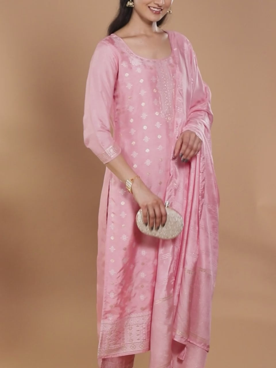  Pink Self Design Silk Blend Straight Kurta With Trousers & Dupatta 