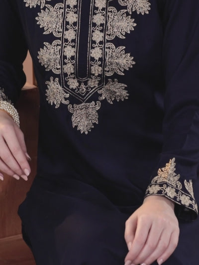 Navy Blue Yoke Design Wool Blend Straight Kurta With Palazzos