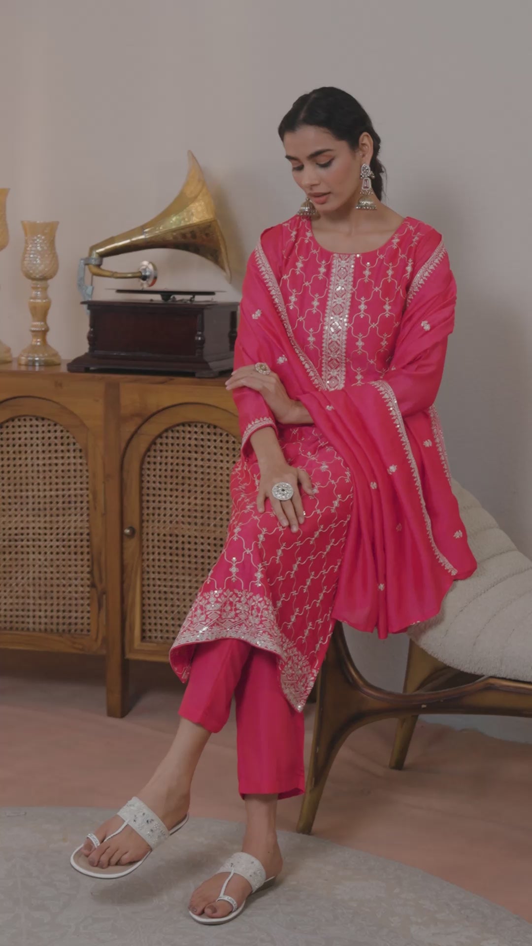  Pink Embroidered Silk Blend Straight Suit Set With Dupatta 