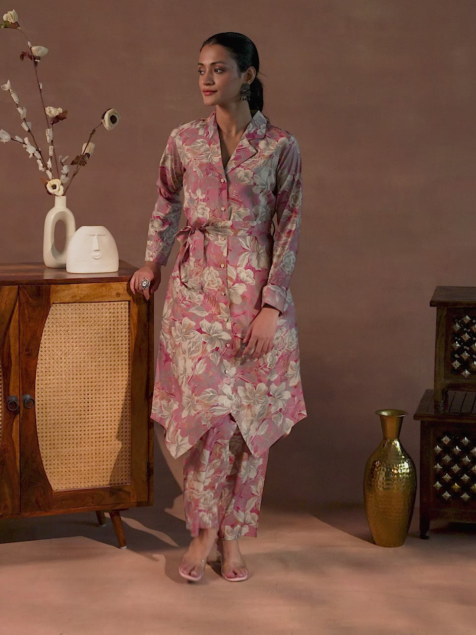  Pink Printed Silk Blend Co-Ords 