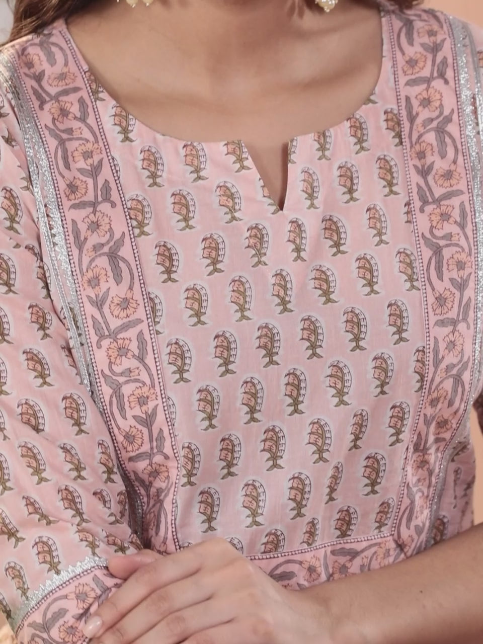  Peach Printed Cotton Straight Kurta With Skirt & Dupatta 
