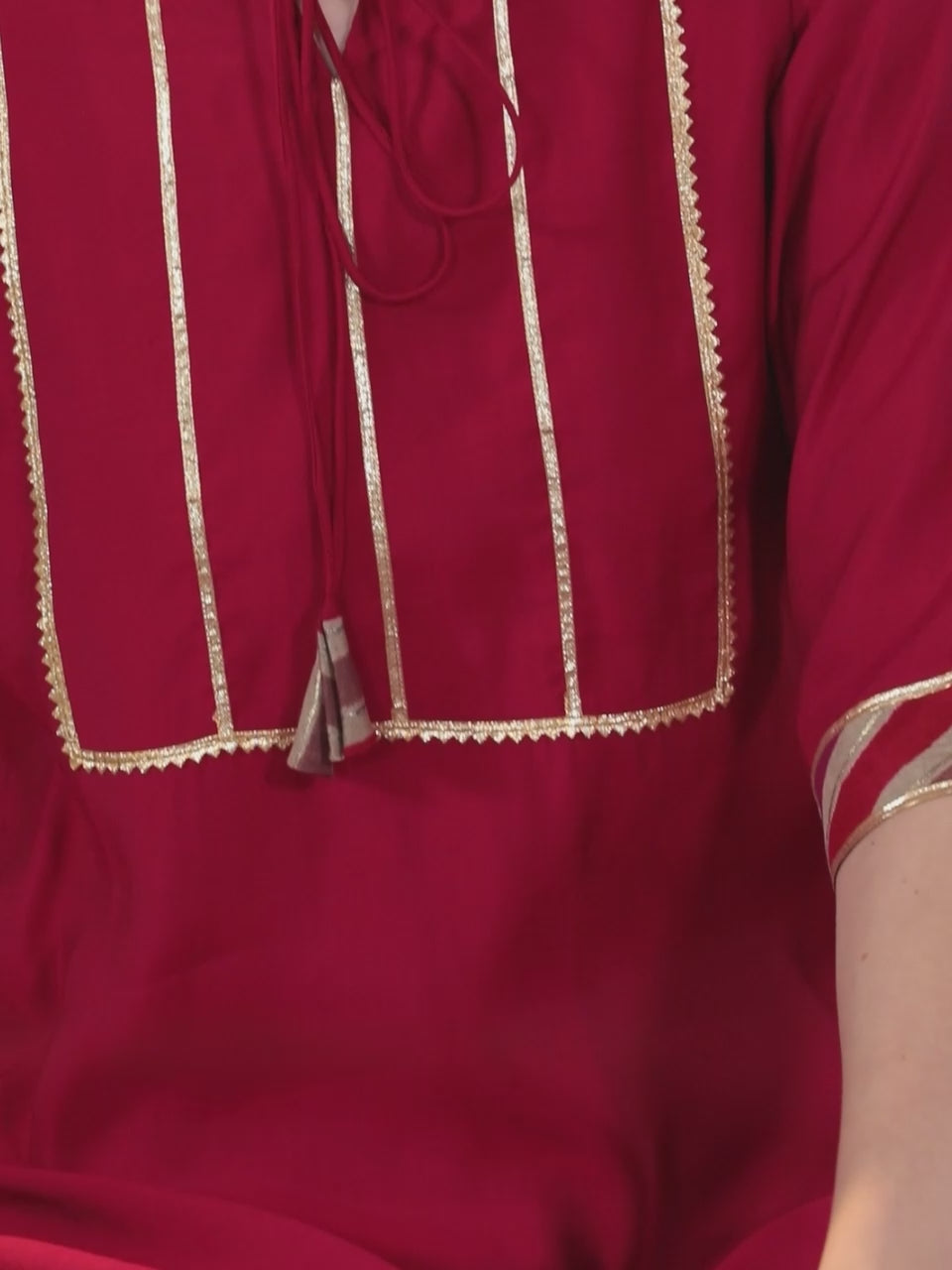  Red Yoke Design Silk Blend Straight Kurta With Trousers & Dupatta 