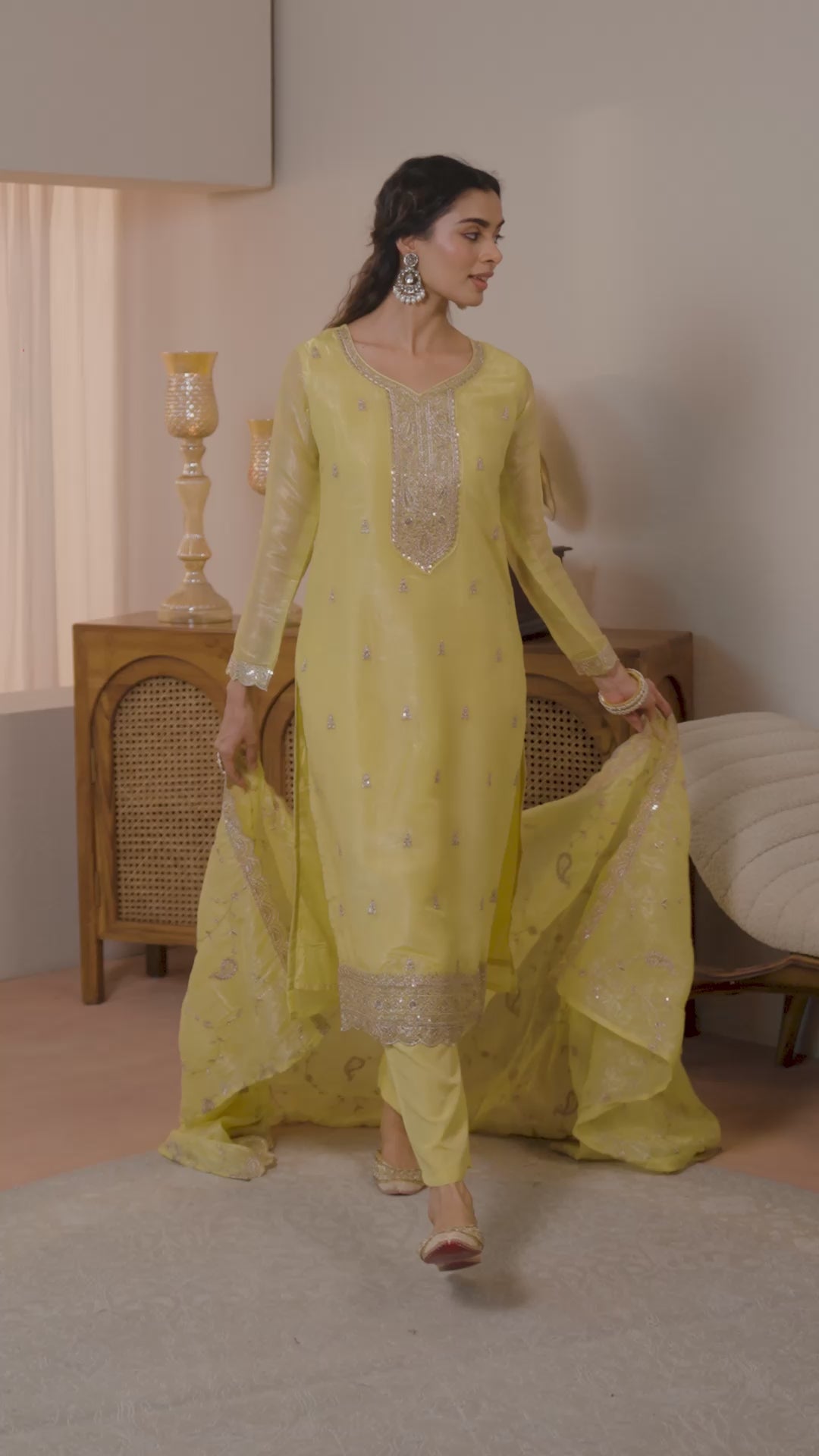  Yellow Embellished Organza Straight Suit Set With Dupatta 