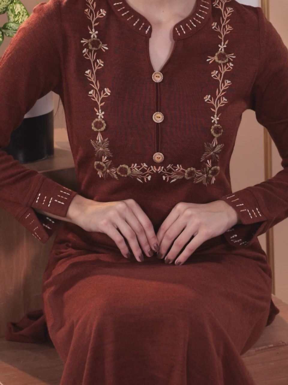  Rust Yoke Design Wool Straight Kurta Set 