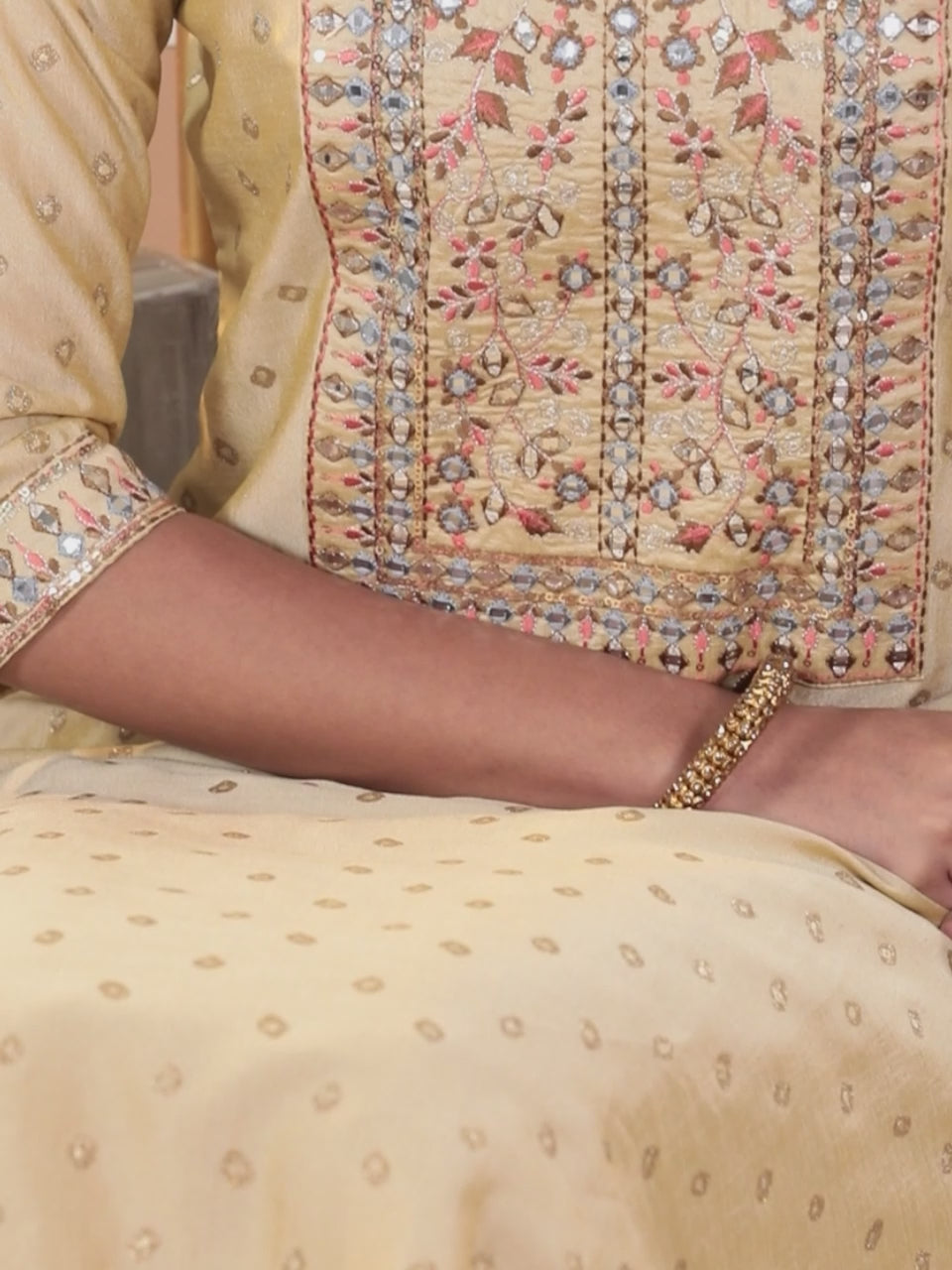  Tan Printed Silk Blend Straight Kurta With Trousers & Dupatta 