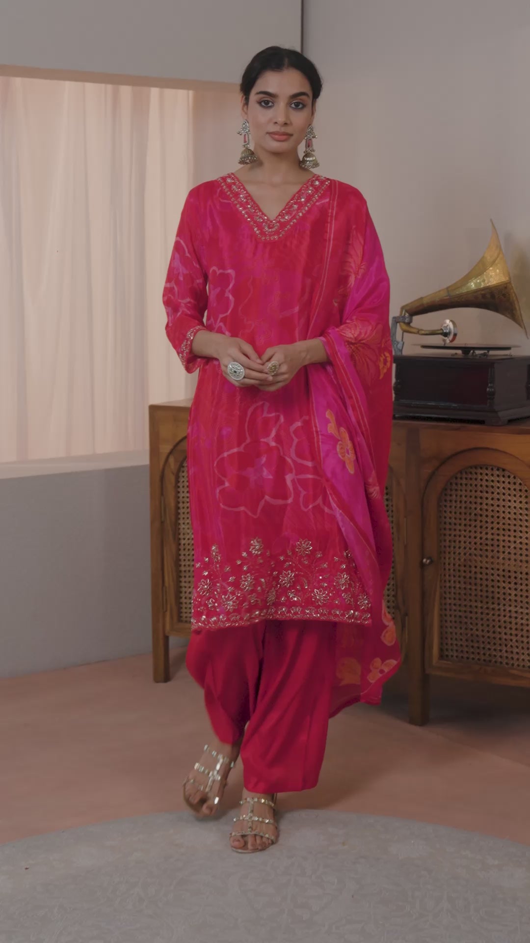  Libas Art Pink Embroidered Silk Blend Straight Suit Set With Dupatta 