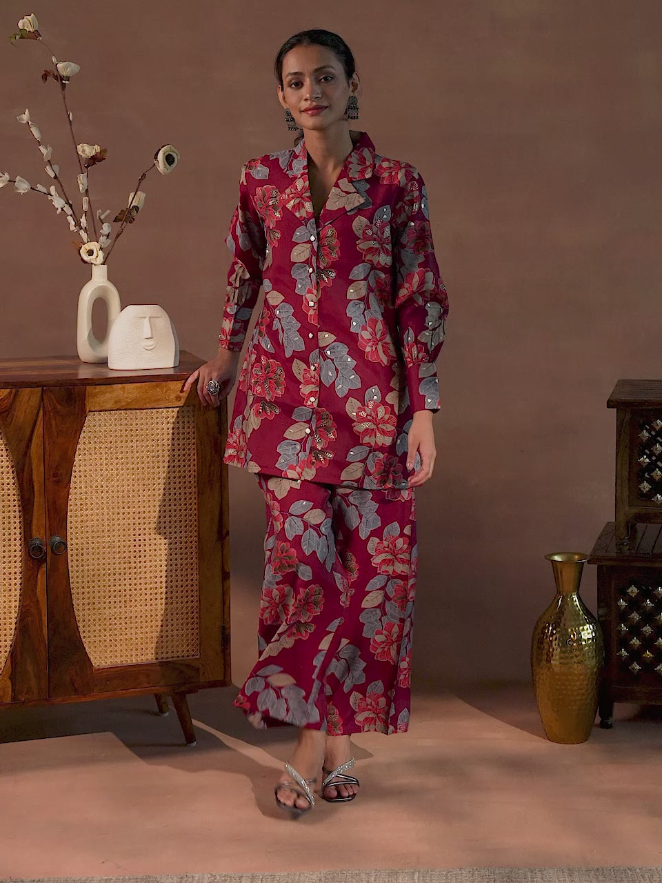  Maroon Printed Silk Blend Co-Ords 