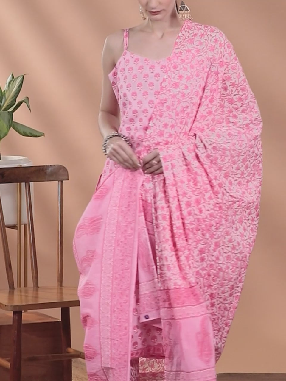 Pink Printed Cotton Straight Kurta With Trousers & Dupatta