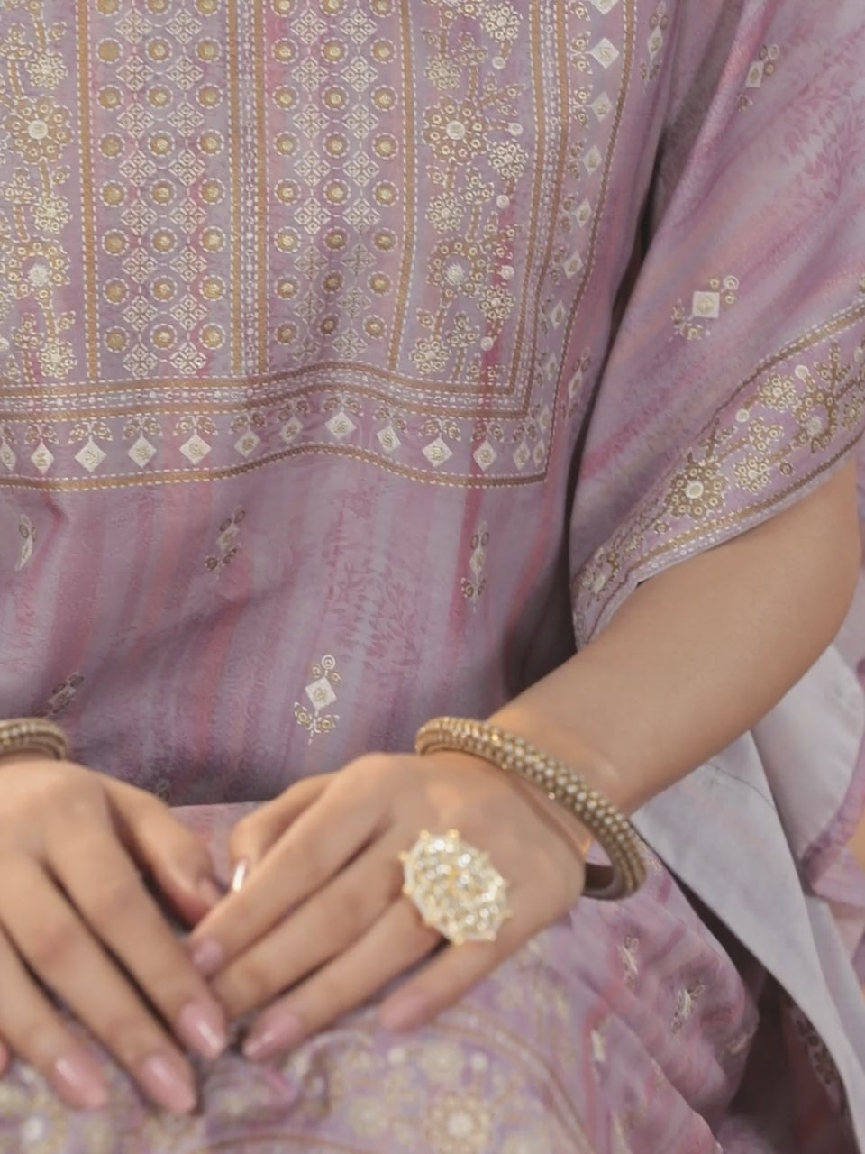  Mauve Printed Silk Blend Kaftan With Trousers 