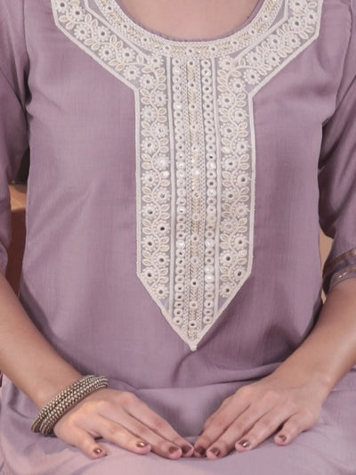 Mauve Yoke Design Silk Blend Straight Suit With Dupatta