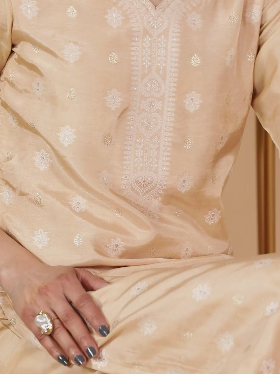  Beige Self Design Silk Blend Straight Kurta With Trousers & Dupatta 