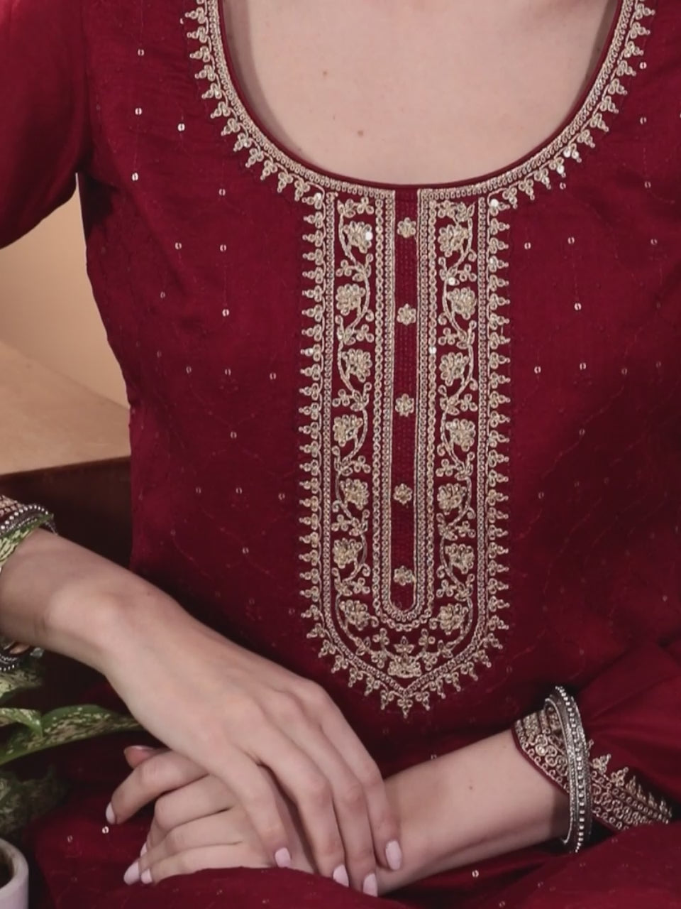 Maroon Embroidered Silk Blend Straight Kurta With Trousers & Dupatta