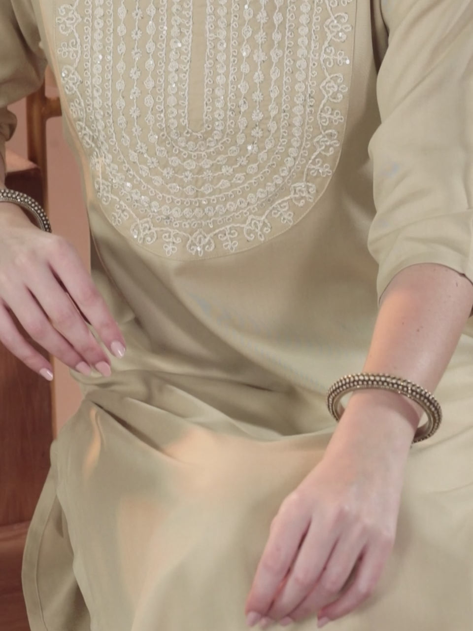  Beige Yoke Design Wool Blend Straight Kurta Set 