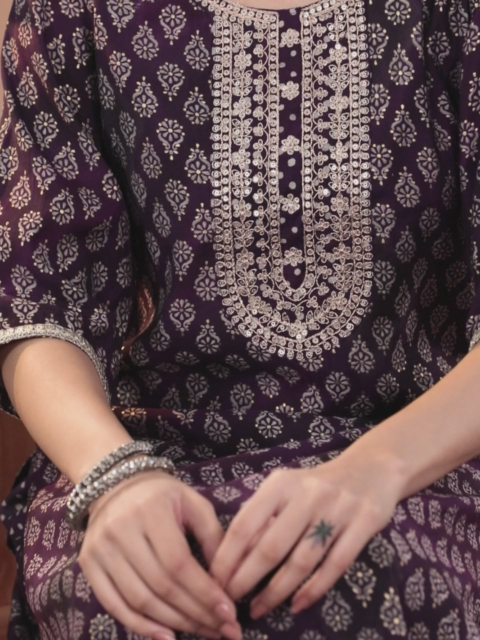  Purple Printed Silk Blend Straight Suit With Dupatta 