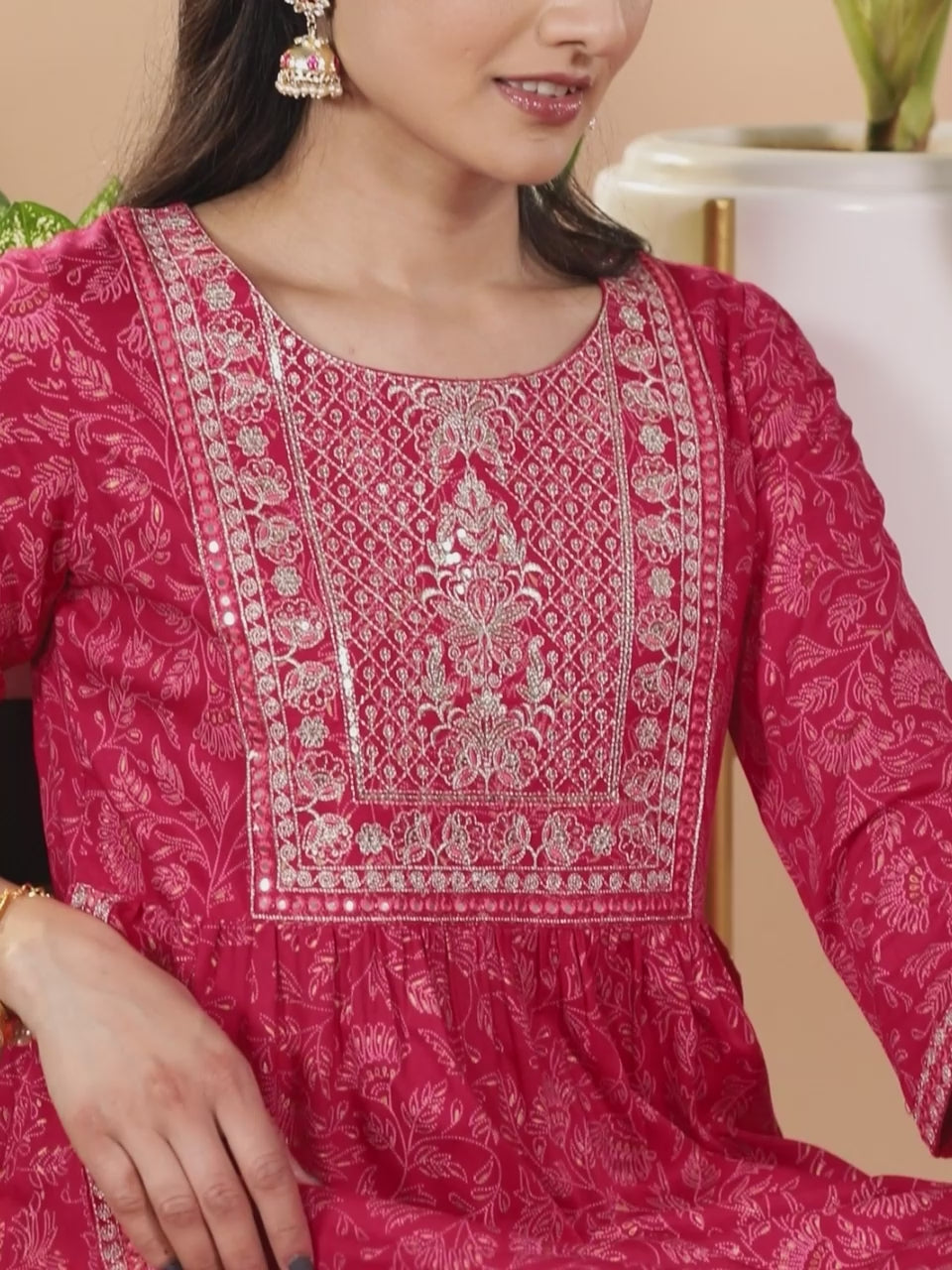 Pink Embroidered Rayon A-Line Kurta With Trousers & Dupatta