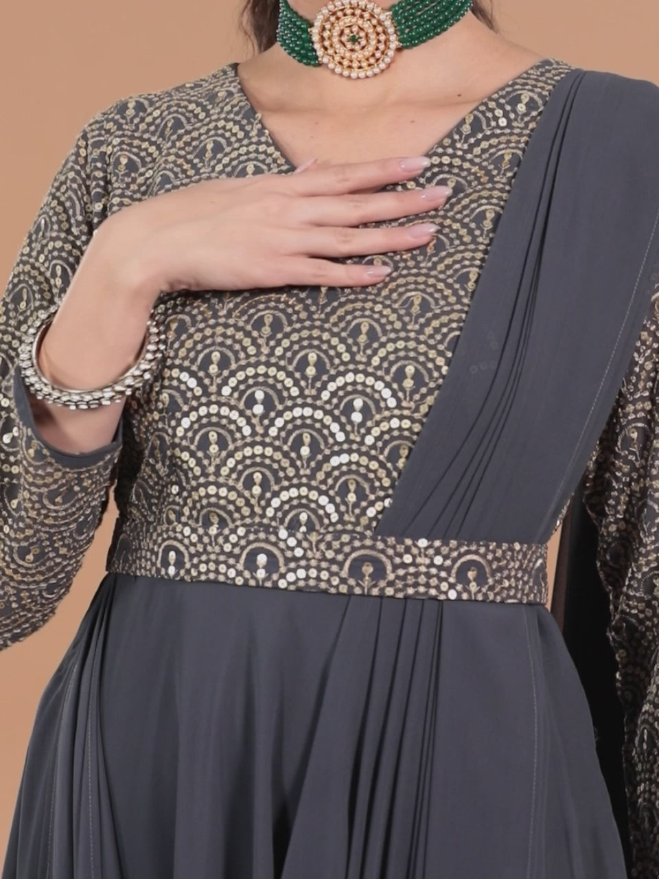  Grey Embroidered Georgette Gown Dress 