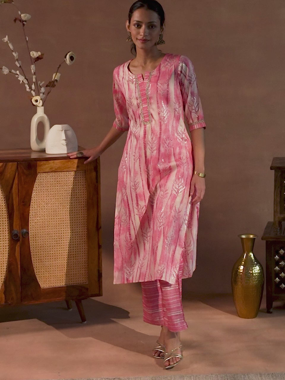  Peach Printed Rayon Straight Kurta Set 