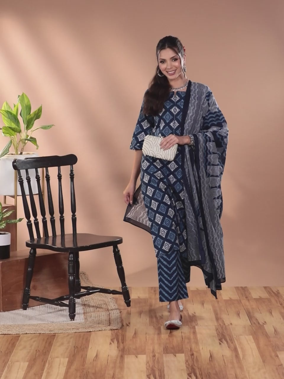  Blue Printed Cotton Straight Kurta With Trousers & Dupatta 