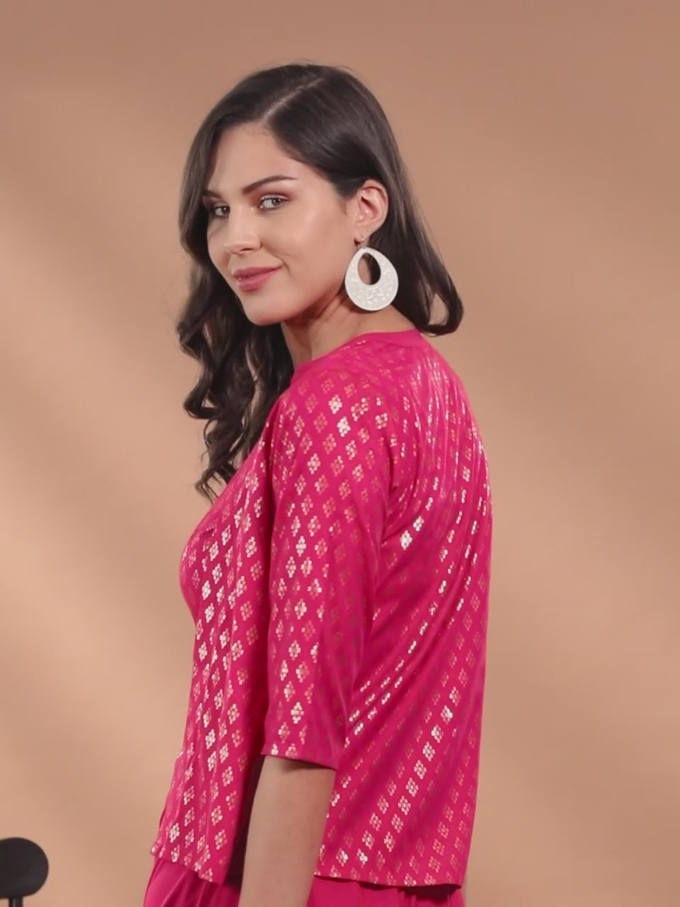  Fuchsia Self Design Silk Blend 3 Piece Co-Ords 