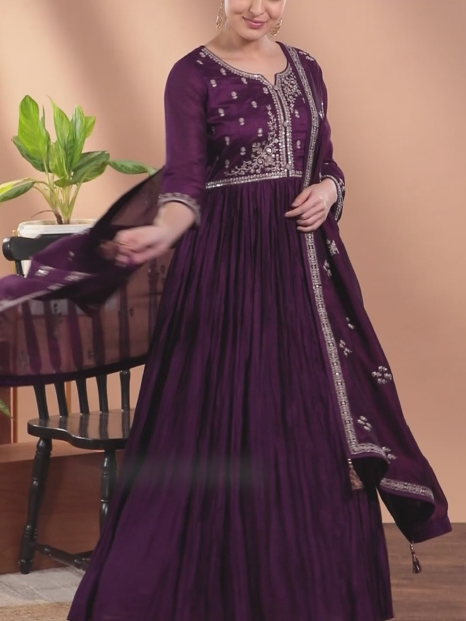  Purple Embroidered Silk Blend Anarkali Kurta With Trousers & Dupatta 