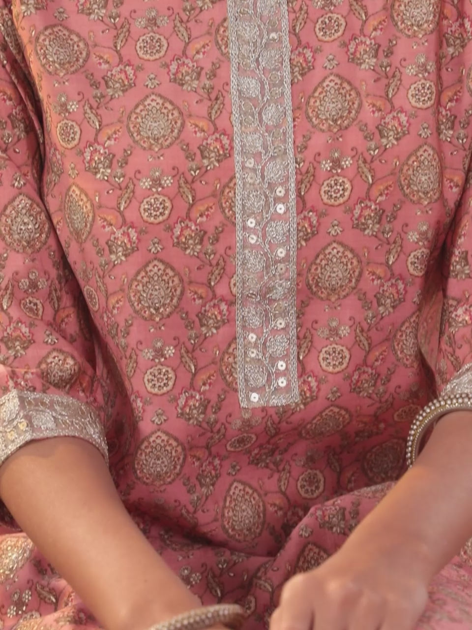  Peach Printed Silk Blend Straight Kurta With Trousers & Dupatta 