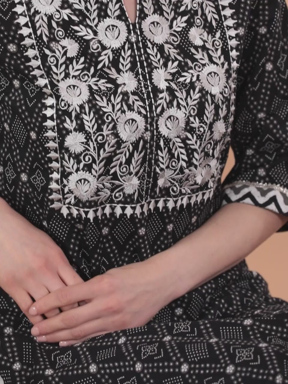  Black Printed Cotton Straight Kurta With Trousers & Dupatta 